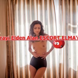 Topless woman in black underwear poses in a hotel room with striped curtains; bold red Turkish text across reads 'Parayı Elden Alan ESCORTELMA'da'.